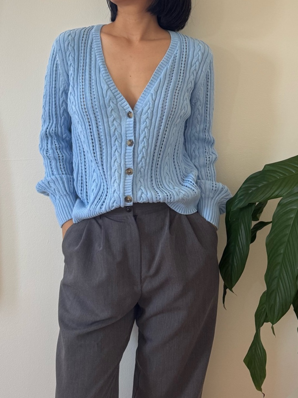 Talbots 100% Cotton Open Stitch Cable Knit Light Blue Cardigan Size Large Petite